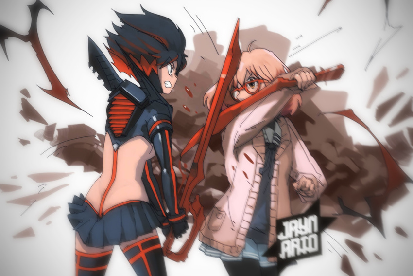 battle black_hair blood blood_sword brown_hair clash clenched_teeth crossover duel glasses hemokinesis highlights kill_la_kill kuriyama_mirai kyoukai_no_kanata matoi_ryuuko multicolored_hair multiple_girls oinario pantyhose power_connection red_hair reverse_grip school_uniform scissor_blade season_connection senketsu short_hair sword teeth trait_connection weapon