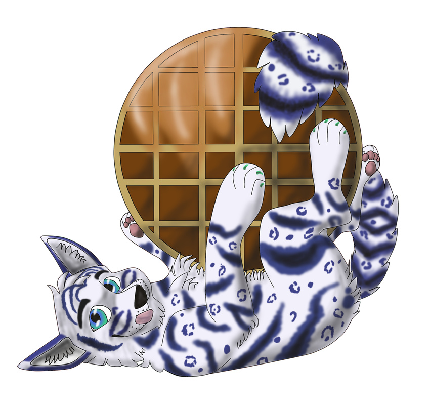 absent_background ambiguous_gender blue_eyes blue_stripes canine chibi cradling feline feral fur green_claws green_eyes hindpaw hybrid leopard licking licking_lips looking_at_viewer lying mammal on_back paws plain_background snow_leopard stolf syrup tiger tongue transparent_background waffle waffles waffles_(artist) waffles_(character) white_fur white_tiger white_tips wolf