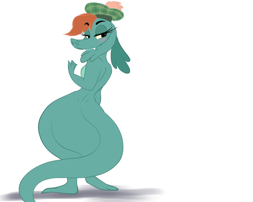 blush chochi ear_biting female hair loch_ness_monster long_eyelashes looking_at_viewer looking_back nessie red_hair scalie solo the_ballad_of_nessie thick_tail thick_thighs wide_hips