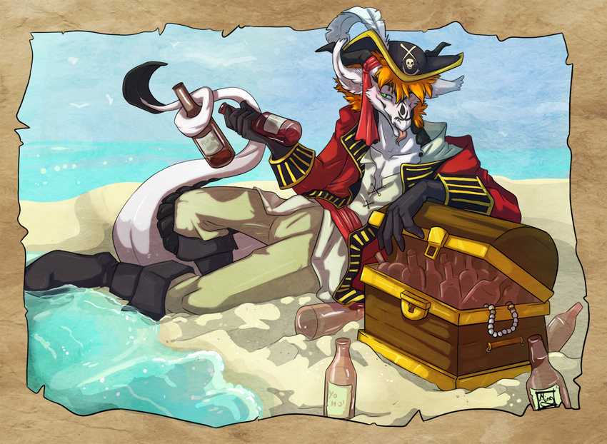 alcohol beach beverage black_fur blue_eyes boots bottle chest clothing dragon fur hair hat kaz looking_at_viewer male mingchee outside pants pirate red_hair sand seaside shirt solo tongue tongue_out treasure_chest water white_skin