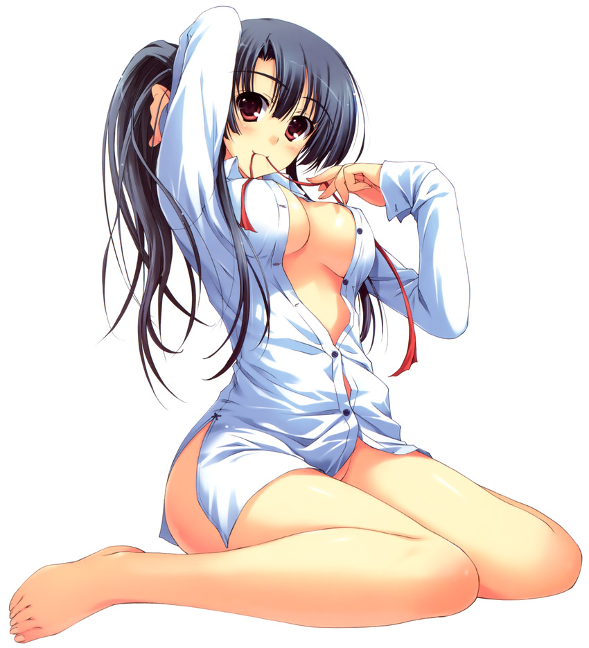 absurdres adjusting_hair barefoot black_hair blush bottomless breasts buttons character_request full_body hair_ribbon highres long_hair medium_breasts mouth_hold naked_shirt red_eyes ribbon shirt simple_background sitting smile solo tomose_shunsaku unbuttoned wariza white_background