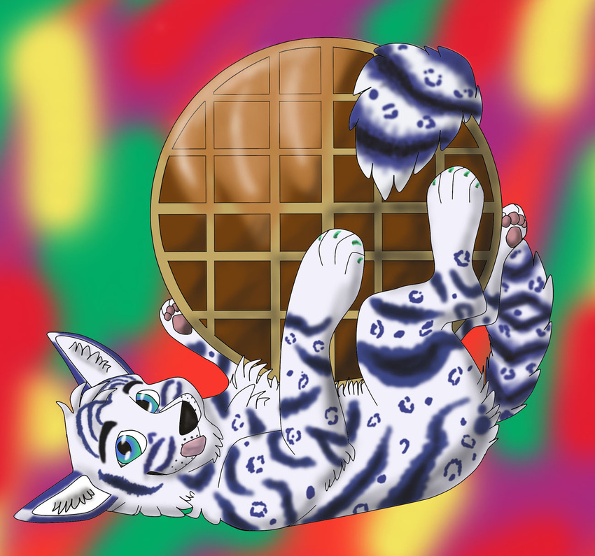 ambiguous_gender blue_eyes blue_stripes canine chibi cradling feline feral fur green_claws green_eyes hindpaw hybrid leopard licking licking_lips looking_at_viewer lying mammal on_back paws snow_leopard stolf syrup tiger tongue waffle waffles waffles_(artist) waffles_(character) white_fur white_tiger white_tips wolf