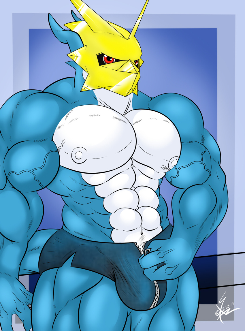 abs biceps big_muscles blue_background blue_skin bulge digimon helmet horn magnamon male mask muscles nipples pecs plain_background pose red_eyes reptile saixyuniz-xynz scales scalie solo speedo standing swimsuit toned topless undressing vein white_skin zipper