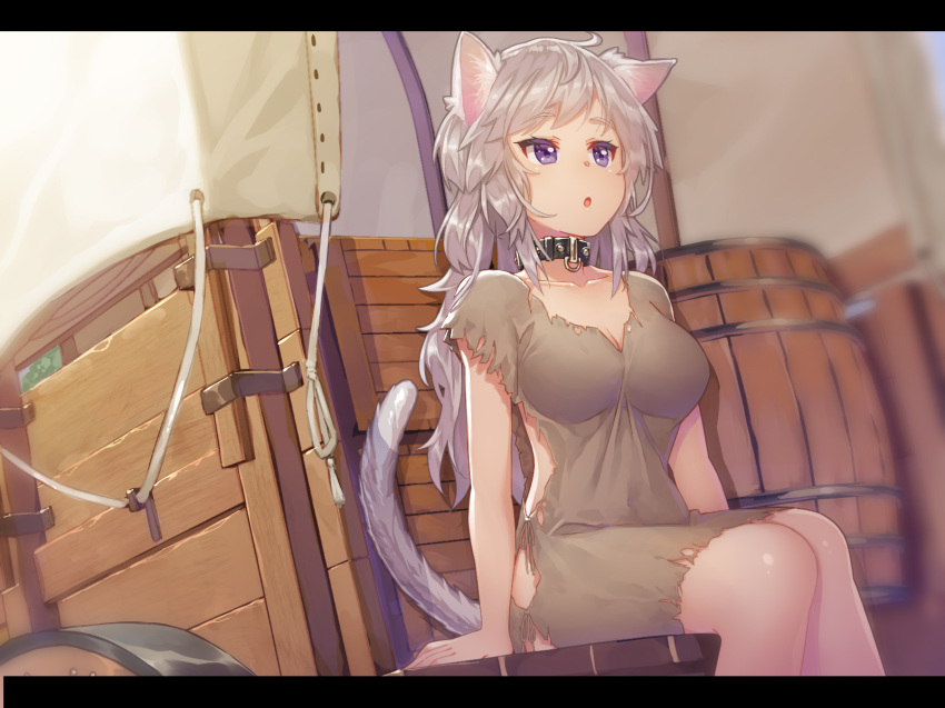 1girl :o animal_ears arms_at_sides bangs barrel blush breasts cat_ears cat_girl cat_tail cleavage collar collarbone colored_eyelashes commentary_request covered_navel covered_wagon crate day dress eyebrows_visible_through_hair feet_out_of_frame grey_dress grey_hair highres kibanda_gohan letterboxed long_hair looking_away medium_breasts open_mouth original outdoors purple_eyes short_sleeves sitting slave solo tail torn_clothes torn_dress wagon