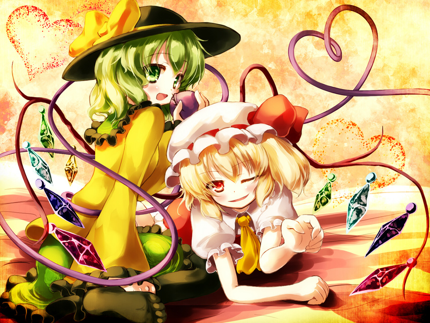 ascot blonde_hair bow flandre_scarlet gengetsu_chihiro green_eyes green_hair hat hat_bow heart heart_of_string highres komeiji_koishi long_sleeves looking_at_viewer lying mob_cap multiple_girls on_stomach one_eye_closed open_mouth puffy_sleeves red_eyes shirt short_sleeves sitting skirt smile third_eye touhou troll_face wariza wings