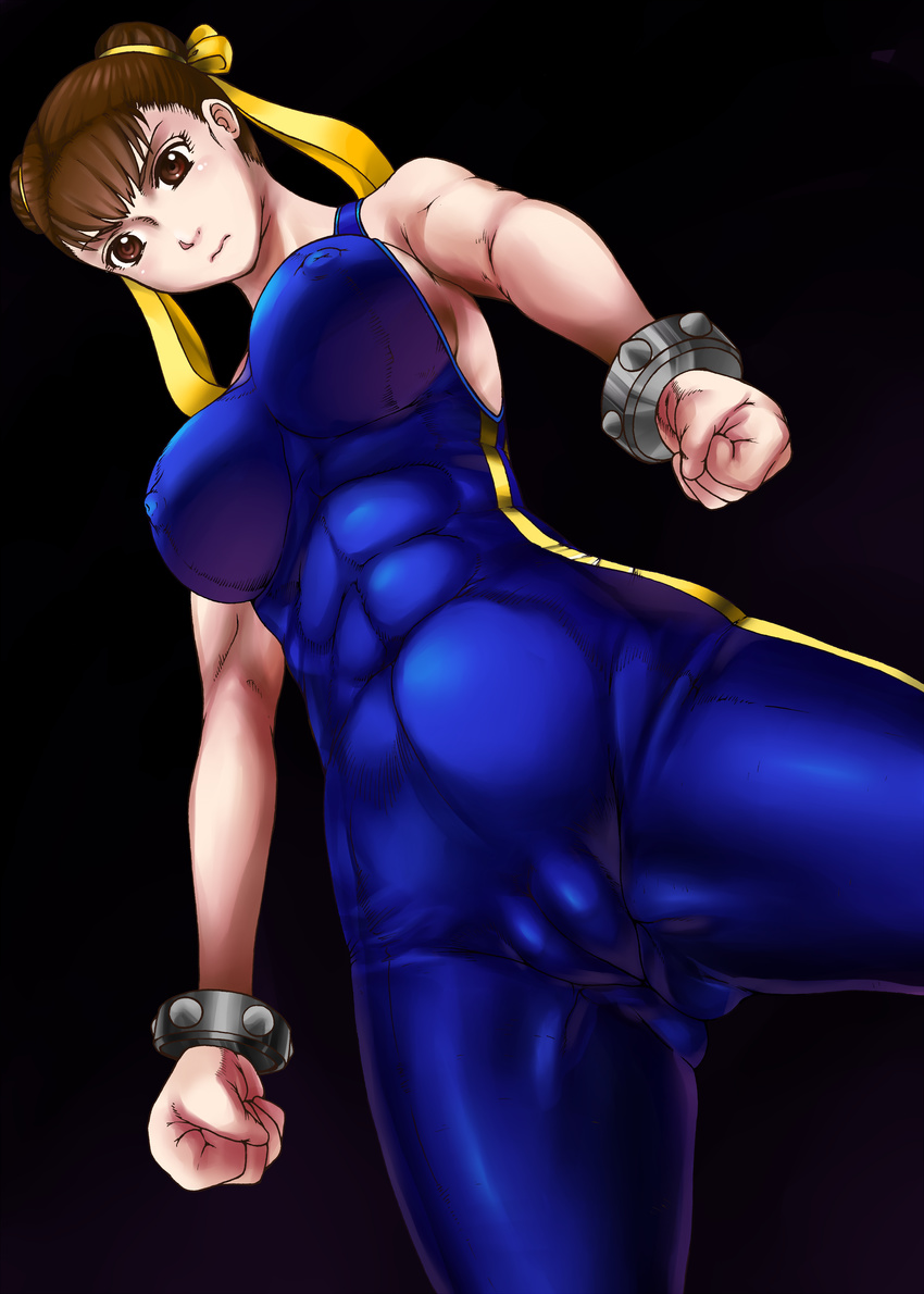 1girl aabitan abs absurdres bare_shoulders breasts brown_eyes brown_hair cameltoe capcom chinese_clothes chun-li covered_nipples curvy double_bun erect_nipples highres large_breasts legs looking_down serious short_hair simple_background solo standing street_fighter thighs