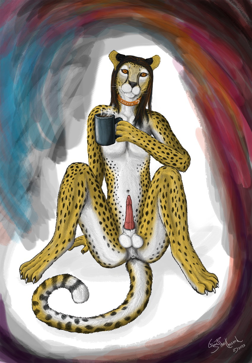 abstract_background anatomically_correct anatomically_correct_penis animal_genitalia anthro anus balls barbs black_hair butt cheetah claws coffee collar cryme_the_cheetah cup erection feline feline_penis fur girly hair invalid_tag khraym long_hair looking_at_viewer male mammal nude orange_eyes orange_hair paws penis presenting realistic shaded sheath sitting smile solo spots spread_legs spreading whiskers white_fur yellow_fur