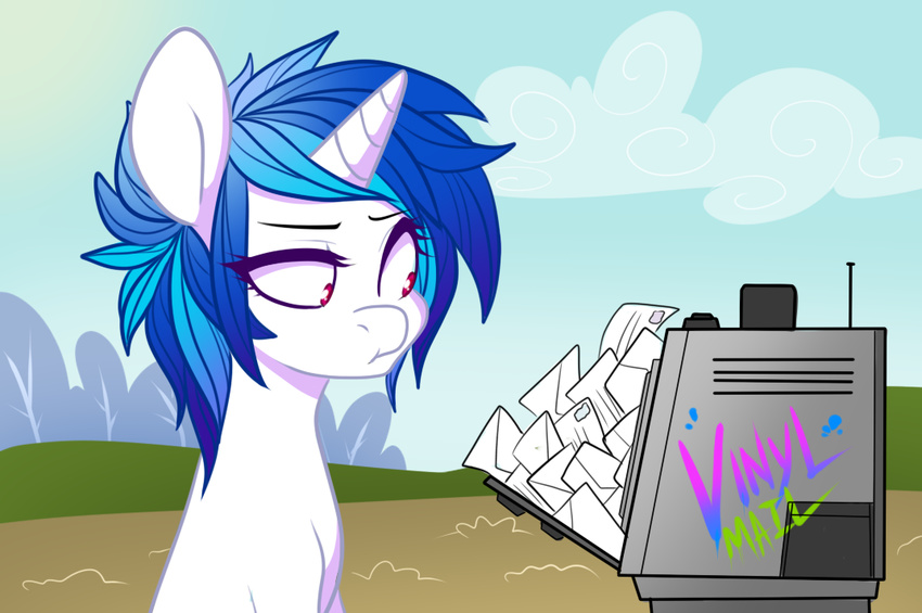 cloud clouds english_text equine female feral friendship_is_magic fur hair horn horse letter mail mammal monstrenoir my_little_pony pony red_eyes sky text two_tone_hair unicorn vinyl_scratch_(mlp) white_fur