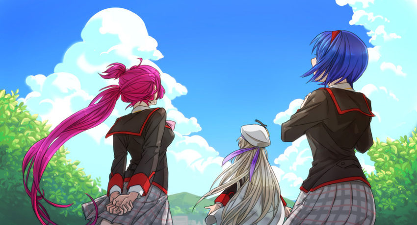 blue_hair cloud day from_behind little_busters! long_hair looking_up multiple_girls nishizono_mio noumi_kudryavka purple_hair saigusa_haruka school_uniform short_hair side_ponytail silver_hair zakang