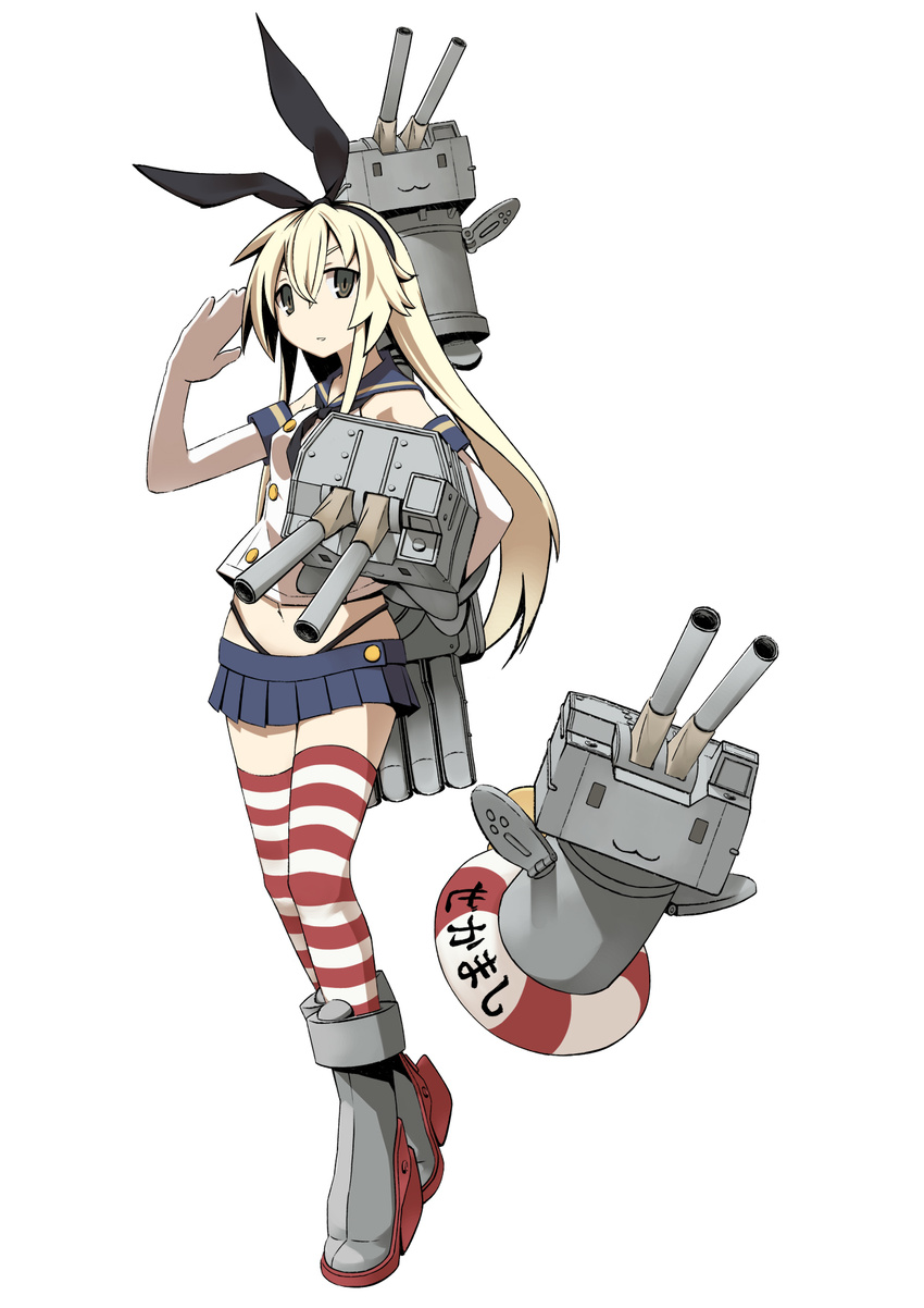 :3 bangs black_panties blonde_hair blue_skirt boots breasts buttons crop_top elbow_gloves full_body gloves greaves grey_eyes grey_footwear hair_between_eyes hair_ribbon hairband hand_up high_heel_boots high_heels highleg highleg_panties highres holding kantai_collection lifebuoy long_hair looking_at_viewer microskirt midriff navel neckerchief panties parted_bangs pleated_skirt red_legwear rensouhou-chan ribbon salute school_uniform serafuku shikimi_kimitake shimakaze_(kantai_collection) shirt sidelocks simple_background skirt sleeveless sleeveless_shirt small_breasts smile string_panties striped striped_legwear thighhighs thong underwear very_long_hair white_background white_legwear zettai_ryouiki