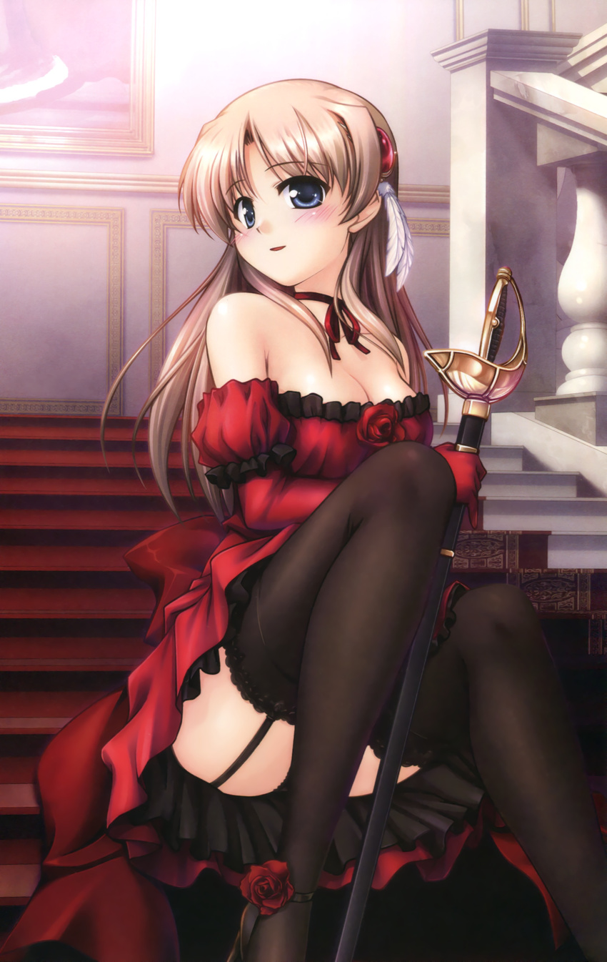 1girl absurdres aiyoku_no_eustia bare_shoulders bekkankou black_legwear black_panties blue_eyes blush breasts brown_hair character_request choker cleavage dress feathers female fione_silvaria flower garter_straps head_tilt highres legs looking_at_viewer panties pantyshot red_dress ribbon_choker rose sitting smile solo stairs stairway strapless strapless_dress sword thighhighs underwear weapon