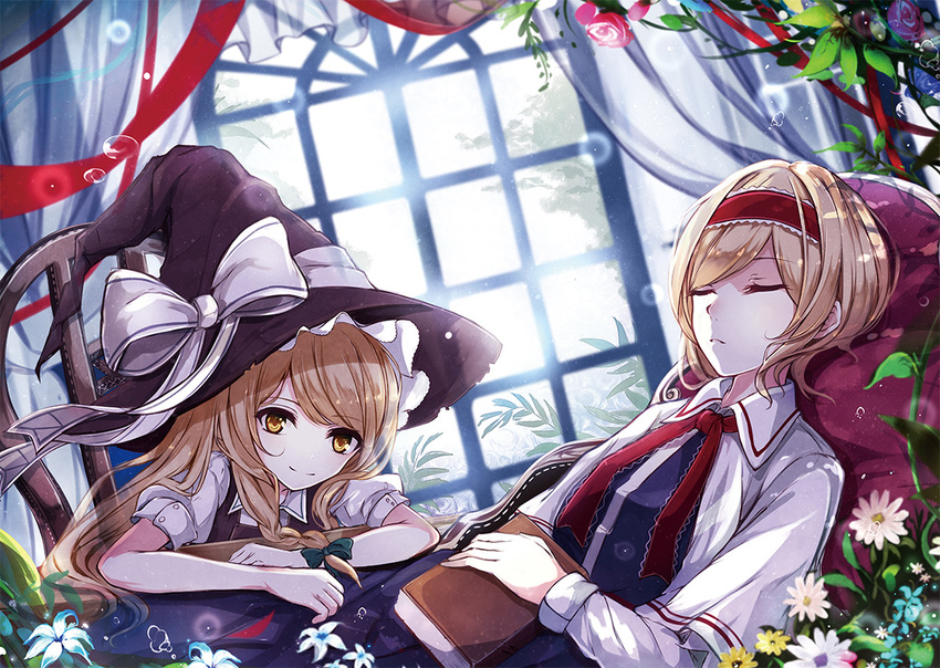 alice_margatroid bad_id bad_pixiv_id berukko blonde_hair blue_dress book bow braid capelet chair closed_eyes curtains dress dutch_angle flower hairband hat hat_bow kirisame_marisa looking_at_viewer lying multiple_girls on_back puffy_sleeves short_sleeves single_braid smile touhou window witch_hat yellow_eyes