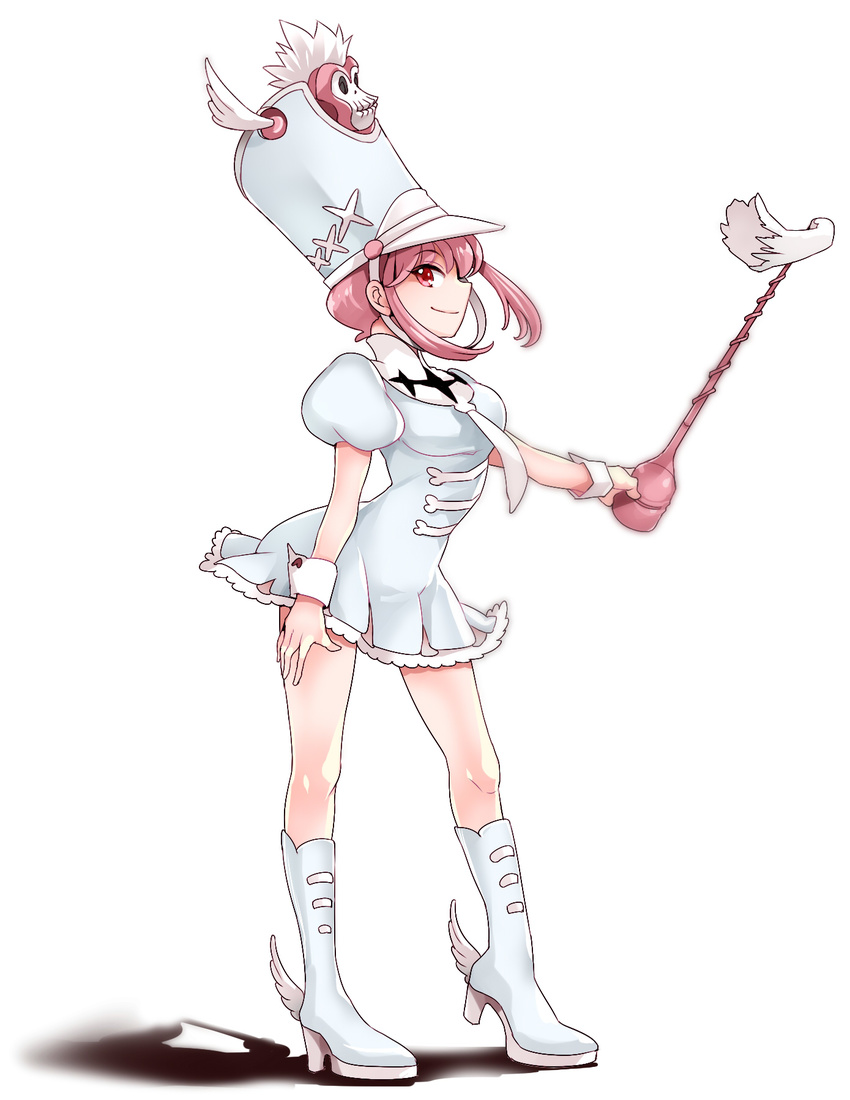 angpix baton boots dress hat highres jakuzure_nonon kill_la_kill pink_eyes pink_hair puffy_short_sleeves puffy_sleeves shako_cap shoes short_sleeves sidelocks solo uniform winged_hat winged_shoes wings