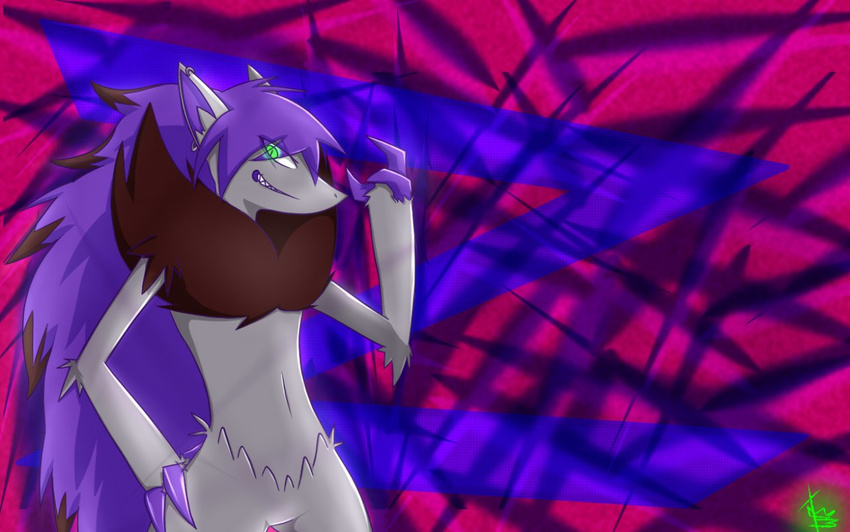 abstract_background anthro backround bipedal digital_media_(art) dyed_hair ear_piercing fingerless_(marking) front_view fur glowing green_eyes grey_fur grin hair half-length_portrait hand_on_hip hoop_earring looking_at_viewer neck_ruff nintendo nude nullo piercing pointy_ears pok&#233;mon pok&eacute;mon purple_hair purple_markings raised_hand red_fur red_highlights side_view signature snout solo standing three-quarter_view video_games wallpaper xingscourge zoroark