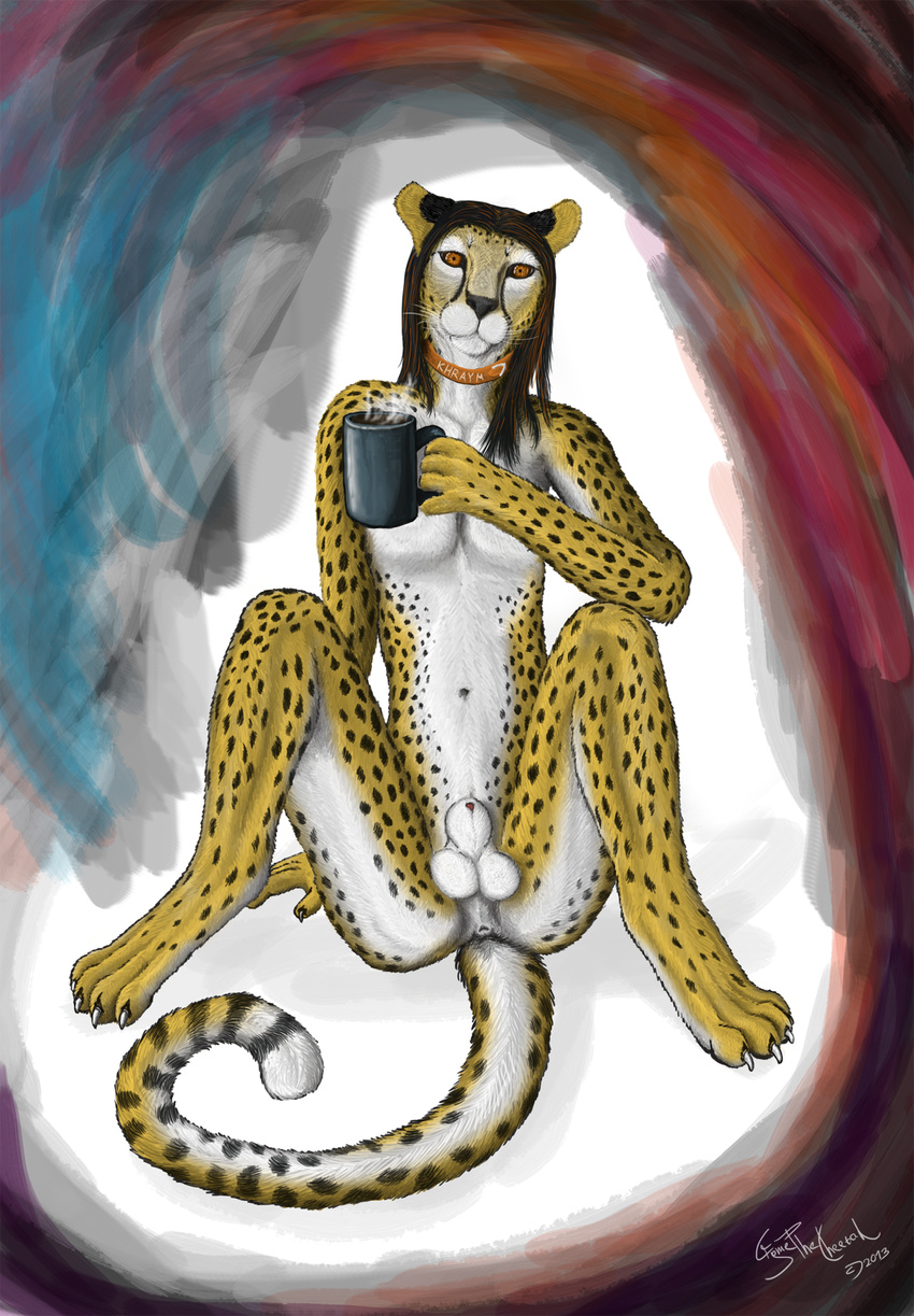 abstract_background anatomically_correct anthro anus balls black_hair butt cheetah claws coffee collar cryme_the_cheetah cup feline fur girly hair invalid_tag khraym long_hair looking_at_viewer male mammal nude orange_eyes orange_hair paws presenting realistic shaded sheath sitting smile solo spots spotted_fur spread_legs spreading whiskers white_fur yellow_fur