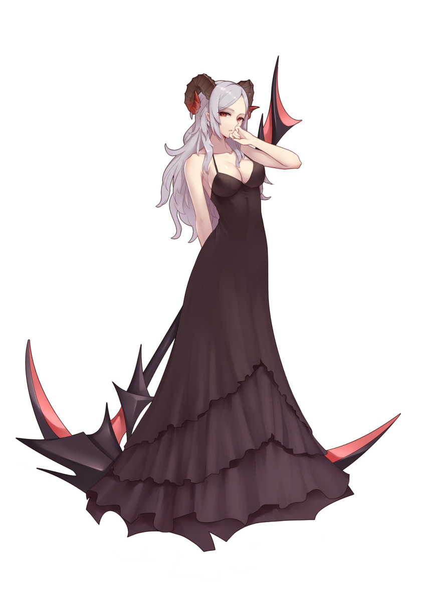 back bare_shoulders black_dress breasts chinese_commentary cleavage collarbone commentary_request dress gown halter_dress highres large_breasts liu_lan long_hair looking_at_viewer original parted_lips red_eyes scythe silver_hair simple_background solo white_background