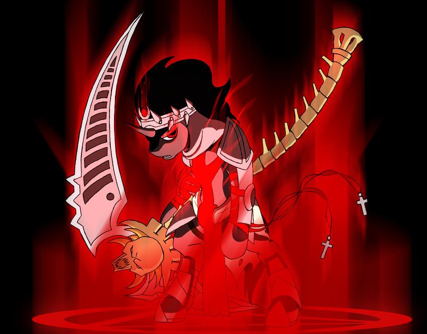 armor black_hair bone clothing cross crown dante's_inferno equine feral friendship_is_magic fur glowing hair horn horse inferno king_sombra_(mlp) long_hair male mammal my_little_pony open_mouth pentagram pony red_eyes scythe skull solo spread_legs spreading standing teeth unicorn weapon