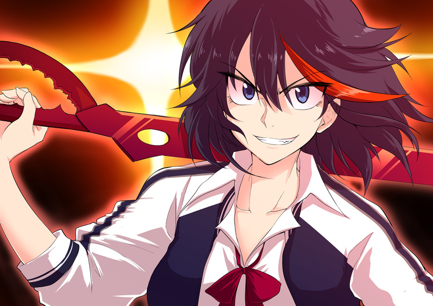 blue_eyes chipa_(arutana) kill_la_kill matoi_ryuuko multicolored_hair school_uniform scissor_blade smile solo sword weapon