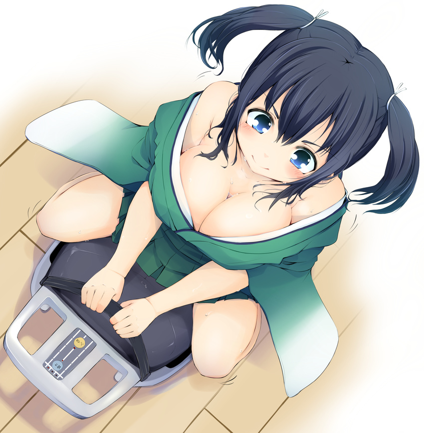 black_hair blue_eyes breasts cleavage exercise exercise_machine from_above hair_ribbon highres japanese_clothes kantai_collection large_breasts momo_(higanbana_and_girl) off_shoulder ribbon sitting smile solo souryuu_(kantai_collection) sweat twintails