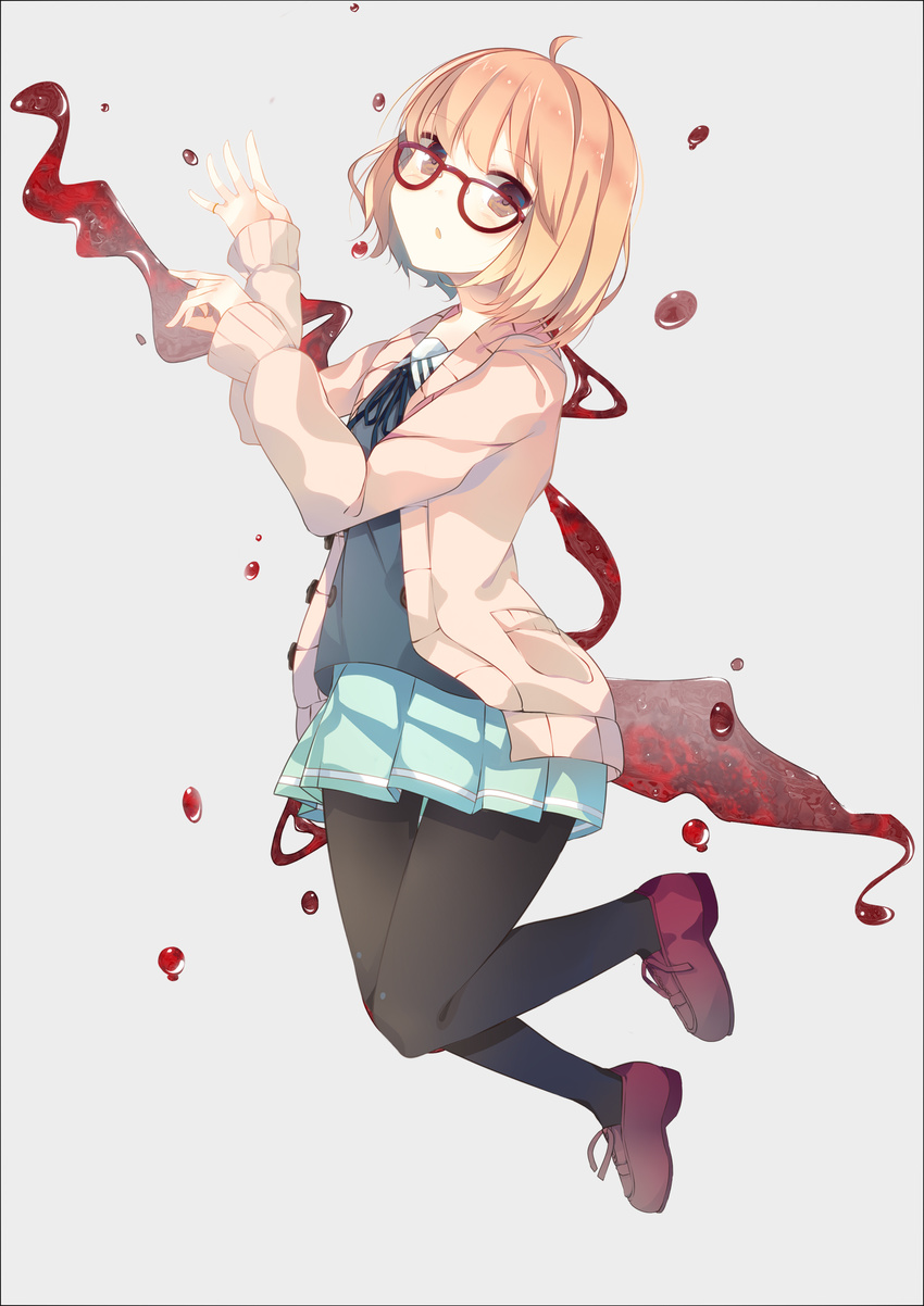 :o ahoge bangs benio_(dontsugel) black_border black_legwear blonde_hair blood blouse blue_blouse blue_skirt blush bob_cut border brown_eyes brown_footwear cardigan full_body glasses grey_background hands_up hemokinesis highres jewelry kuriyama_mirai kyoukai_no_kanata leg_up long_sleeves looking_at_viewer md5_mismatch miniskirt open_cardigan open_clothes open_mouth pantyhose pleated_skirt red-framed_eyewear ring school_uniform shoes short_hair simple_background skirt solo