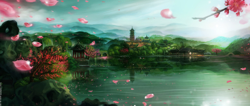 building cherry_blossoms landscape original petals scenic sky tree water yingzhiping