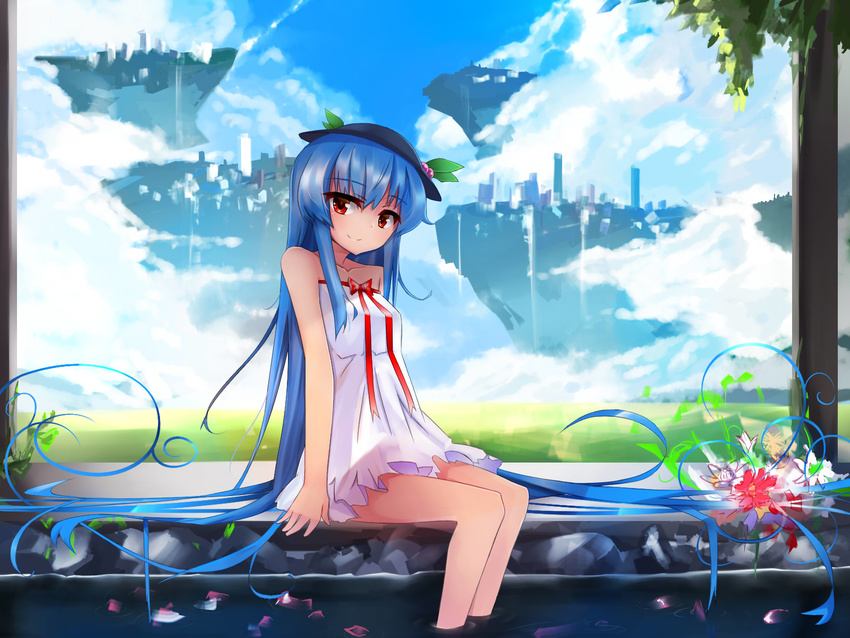 bare_shoulders blue_hair floating_island hat highres hinanawi_tenshi long_hair red_eyes shuizao_(little_child) sitting soaking_feet solo touhou very_long_hair water