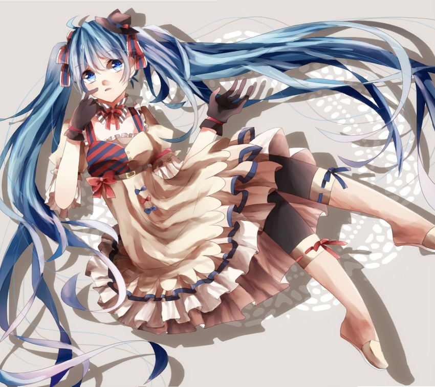 bad_id bad_pixiv_id belt blue_eyes blue_hair boots bow bowtie dress ennui_heiwa_miku gloves hair_ribbon hat hatsune_miku long_hair pantyhose ribbon solo twintails very_long_hair vocaloid