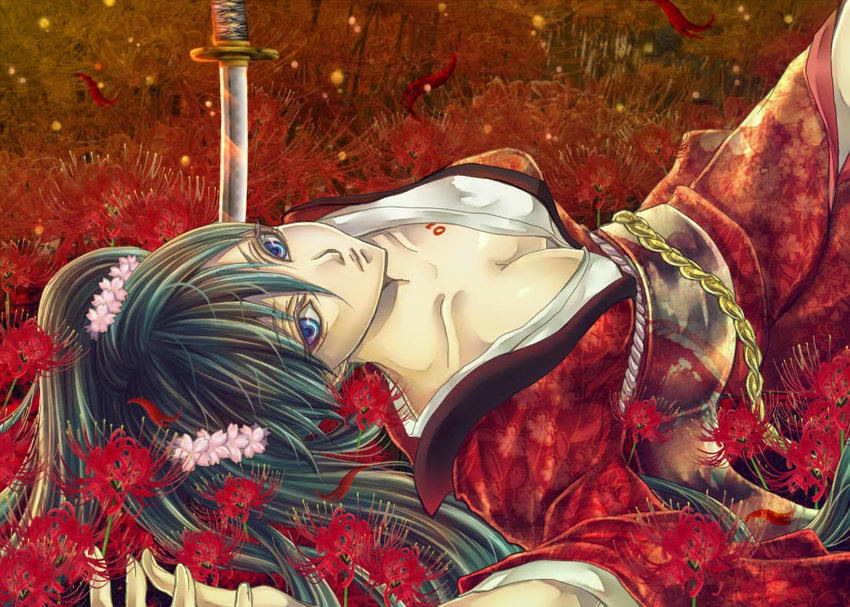 blue_eyes collarbone downblouse flower green_hair hair_flower hair_ornament hatsune_miku japanese_clothes katana kimono long_hair looking_at_viewer lying on_back solo sword vocaloid weapon