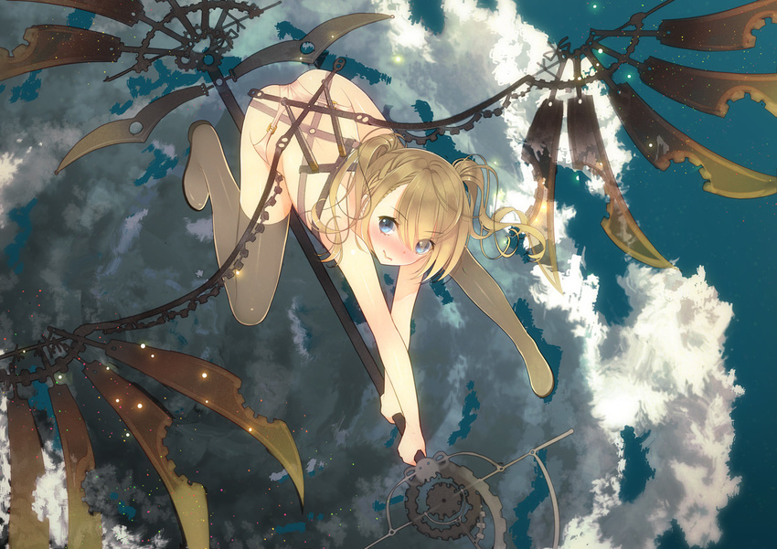 blonde_hair blue_eyes blush boots bra cloud flying from_above mechanical_wings original panties short_hair sky solo thigh_boots thighhighs twintails underwear wings yadapot