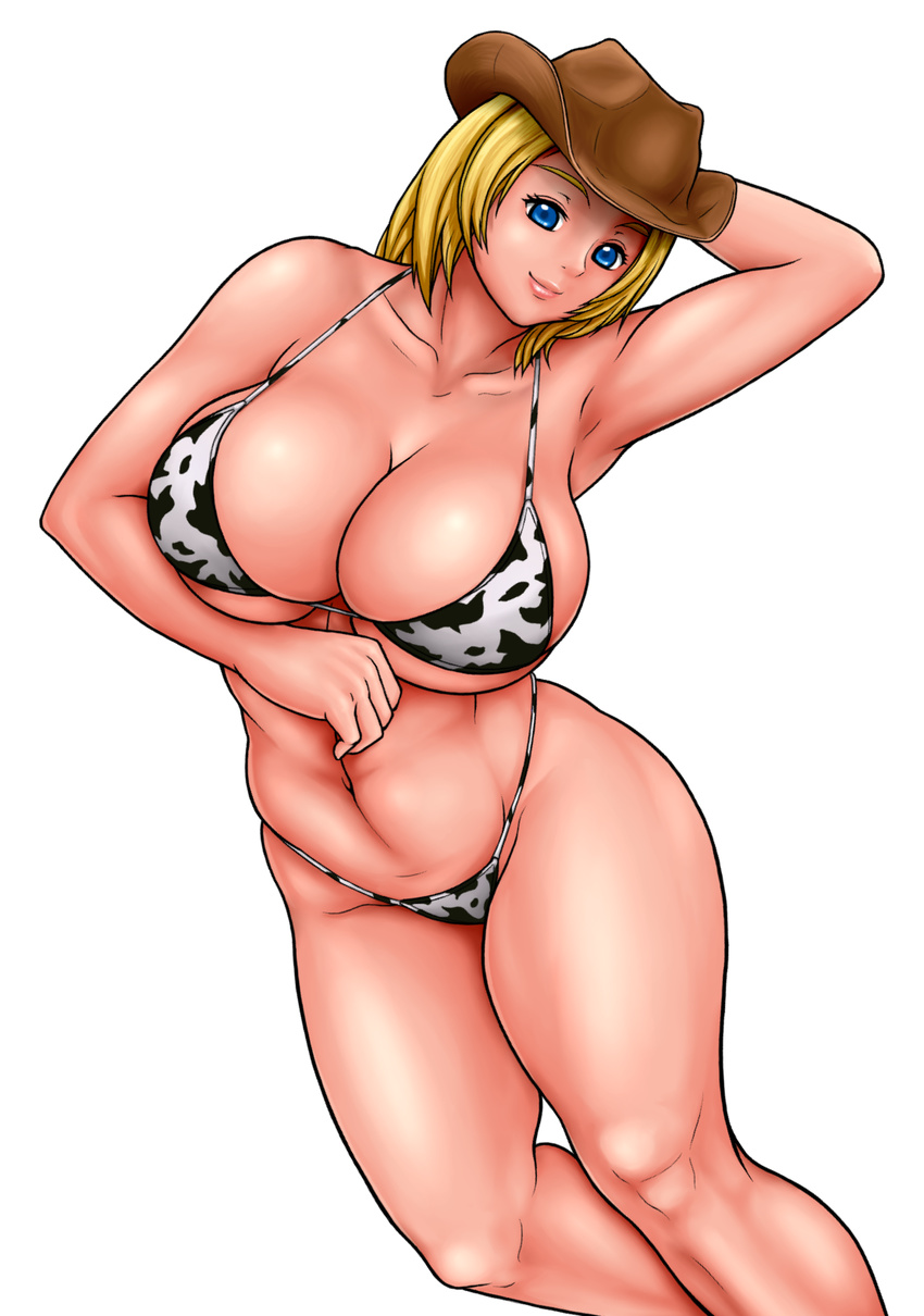 1girl bikini blonde_hair blue_eyes breasts cleavage collarbone cow_print dead_or_alive hat highres hips large_breasts midriff navel short_hair smile solo sugata_(artist) swimsuit tecmo tina_armstrong wide_hips