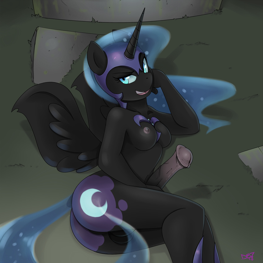 anthro anthrofied balls blue_eyes breasts cutie_mark devo87 dickgirl equine friendship_is_magic grass horn horsecock intersex mammal my_little_pony nightmare_moon_(mlp) penis solo unconvincing_armor winged_unicorn wings