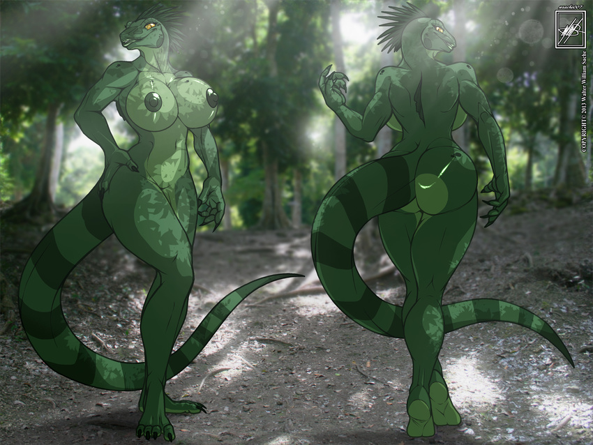 4_fingers absurd_res anthro barefoot big_breasts big_butt breasts butt claws female forest green_lips green_nipples green_scales green_skin hi_res hindpaw iguana lips lizard looking_at_viewer looking_back navel nipples nude outside paws pose reptile scalie solo standing stripes thick_thighs thighs toes tree walter_sache wide_hips yellow_eyes