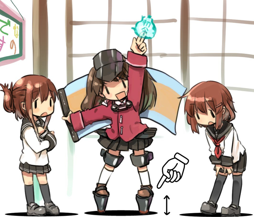 black_legwear brown_hair folded_ponytail hat hota ikazuchi_(kantai_collection) inazuma_(kantai_collection) kantai_collection kneeling multiple_girls pantyhose pleated_skirt ryuujou_(kantai_collection) school_uniform serafuku skirt thighhighs twintails