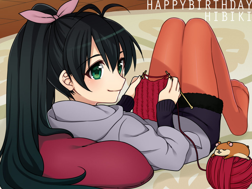 animal black_hair blue_eyes ganaha_hibiki hamster hamuzou happy_birthday idolmaster idolmaster_(classic) knitting long_hair masato_ayame orange_legwear pantyhose ponytail ribbon smile