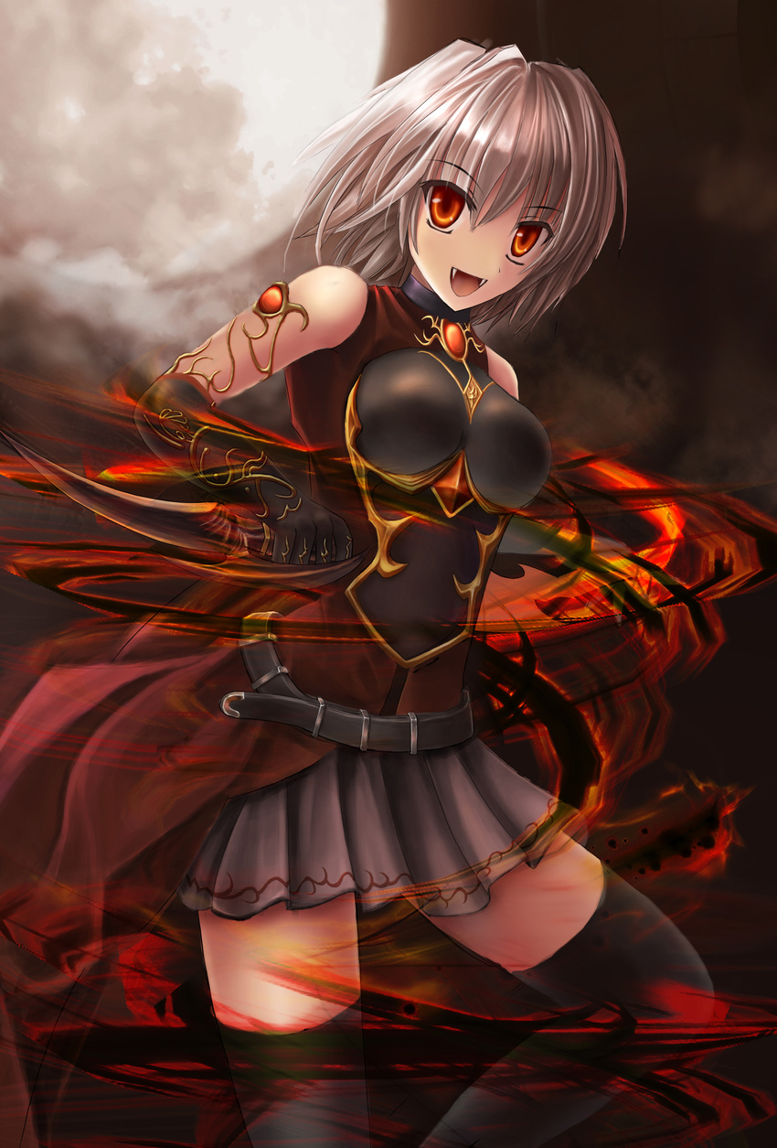 :d absurdres armor belt black_legwear breastplate breasts brooch cowboy_shot fangs gem highres jewelry looking_at_viewer medium_breasts open_mouth original red_eyes silver_hair smile solo standing thighhighs zettai_ryouiki zxolder