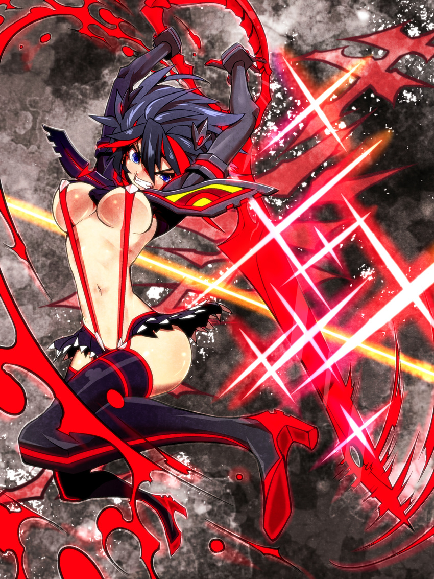 absurdres black_hair blue_eyes blush breasts clenched_teeth gloves highres jin_(mugenjin) jumping kill_la_kill large_breasts matoi_ryuuko midriff multicolored_hair red_hair revealing_clothes school_uniform scissor_blade senketsu short_hair skirt solo suspenders sword teeth thighhighs two-tone_hair underboob weapon