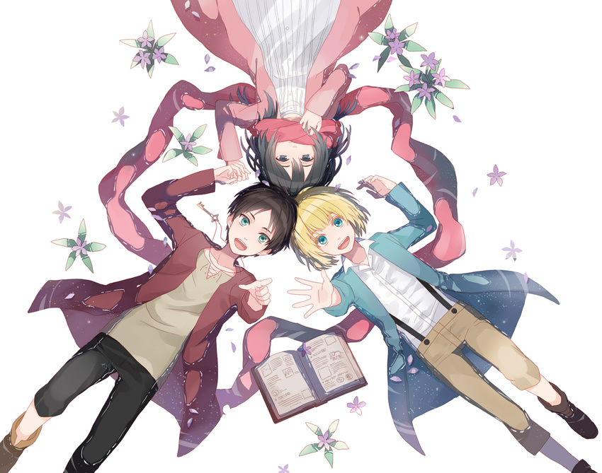 2boys :d armin_arlert black_eyes black_hair blonde_hair blue_eyes book brown_hair eren_yeager flower friends holding_hands jewelry key long_sleeves lying michi_(iawei) mikasa_ackerman multiple_boys necklace on_back open_mouth partially_submerged pointing scarf shingeki_no_kyojin short_hair smile suspenders water wet