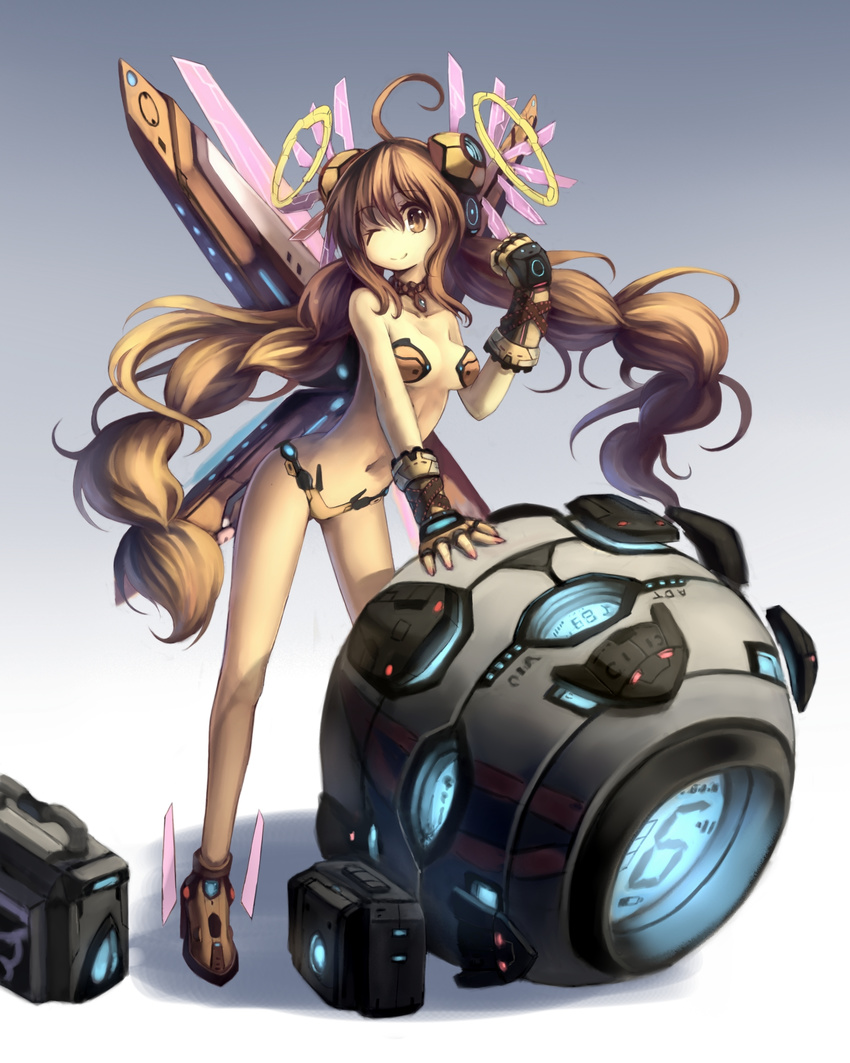 ;) breasts brown_eyes brown_hair choker collarbone gauntlets highres hoshi_no_gen long_hair mechanical_wings medium_breasts navel no_nose one_eye_closed original smile solo twintails very_long_hair wings