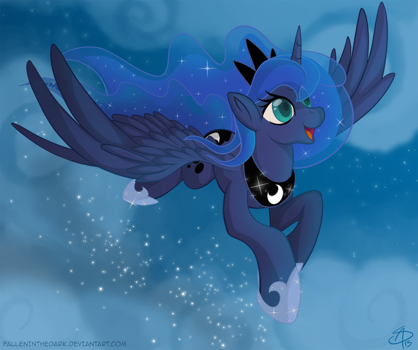 blue_eyes cloud crown cutie_mark equine falleninthedark female feral flying friendship_is_magic horn mammal my_little_pony necklace night princess_luna_(mlp) solo sparkles stars winged_unicorn wings