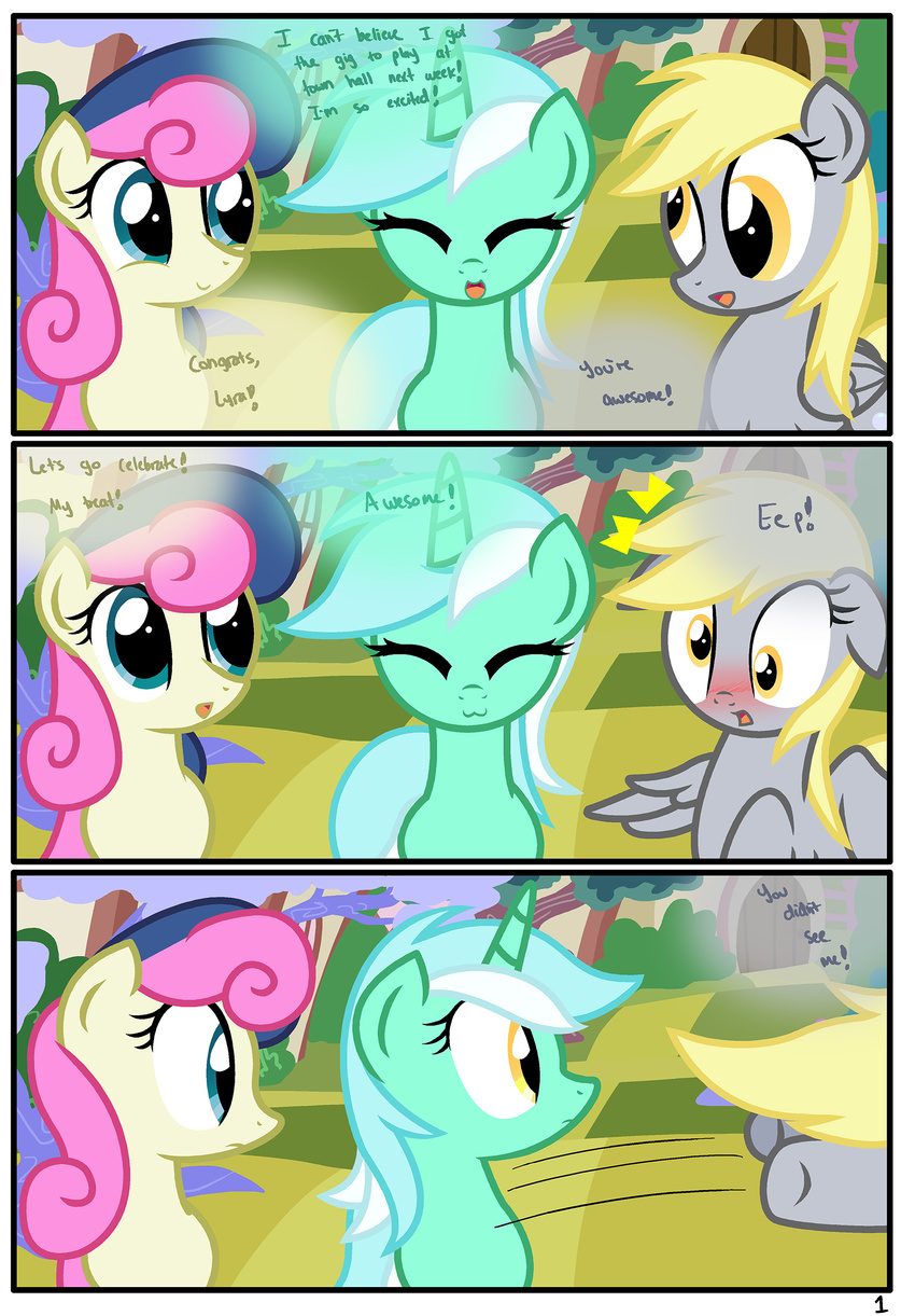 blonde_hair blue_eyes blush bonbon_(mlp) comic derpy_hooves_(mlp) dialog english_text equine female feral friendship_is_magic fur green_fur grey_fur group hair horn horse lyra_(mlp) lyra_heartstrings_(mlp) mammal my_little_pony pegasus pony pyruvate smile text two_tone_hair unicorn wings yellow_eyes