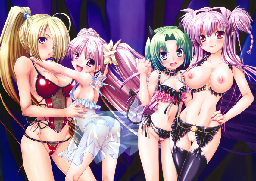 blonde_hair blue_eyes blush brandish_(h_manga) breasts cleavage erect_nipples green_hair irufa_(brandish) long_hair maya_(brandish) navel nerin nipples panties pink_hair ponytail purple_hair red_eyes rusty_soul scan see_through short_hair tail thighhighs twintails twiska underwear vagina