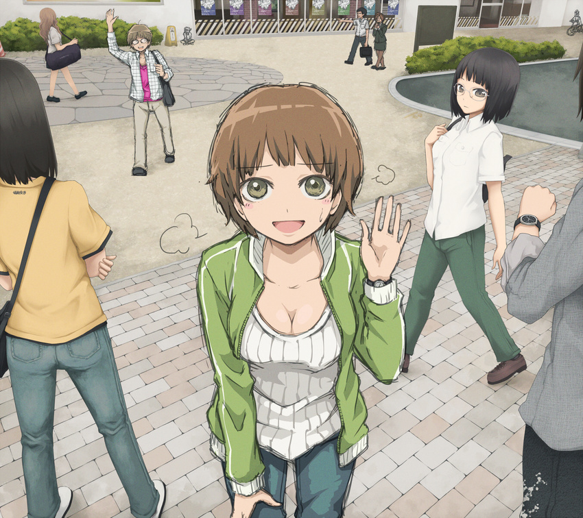 brown_eyes brown_hair cleavage commentary denim fashion glasses heavy_breathing highres jacket jeans looking_at_viewer medium_breasts multiple_boys multiple_girls open_clothes open_jacket open_mouth original outdoors pants pantyhose sketch track_jacket watch waving yajirushi_(chanoma)