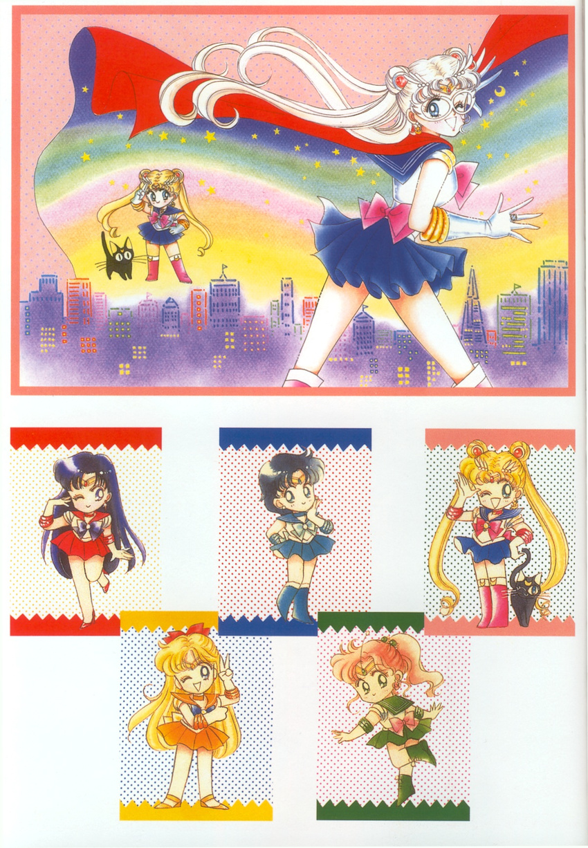 90s ;) aino_minako back_bow bare_legs bishoujo_senshi_sailor_moon black_cat black_hair blonde_hair blue_choker blue_eyes blue_footwear blue_hair blue_sailor_collar blue_skirt boots bow brown_hair cat chibi choker concept_art double_bun elbow_gloves gloves green_choker green_eyes green_footwear green_sailor_collar green_skirt hair_ornament highres hino_rei inner_senshi jewelry kino_makoto knee_boots long_hair luna_(sailor_moon) mask mizuno_ami multiple_girls one_eye_closed orange_choker orange_sailor_collar orange_skirt pink_bow ponytail red_bow red_sailor_collar red_skirt ring sailor_collar sailor_jupiter sailor_mars sailor_mercury sailor_moon sailor_senshi_uniform sailor_venus scan short_hair skirt smile takeuchi_naoko tiara tsukino_usagi white_gloves