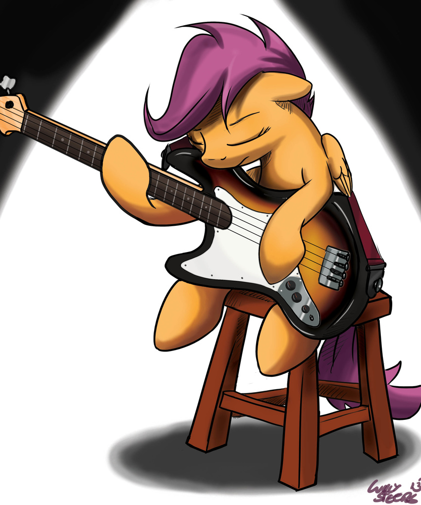 bass bass_guitar cub equine eyes_closed female feral friendship_is_magic guitar hair horse mammal mattings my_little_pony pegasus pony purple_hair scootaloo_(mlp) sitting solo spotlight stool wings young