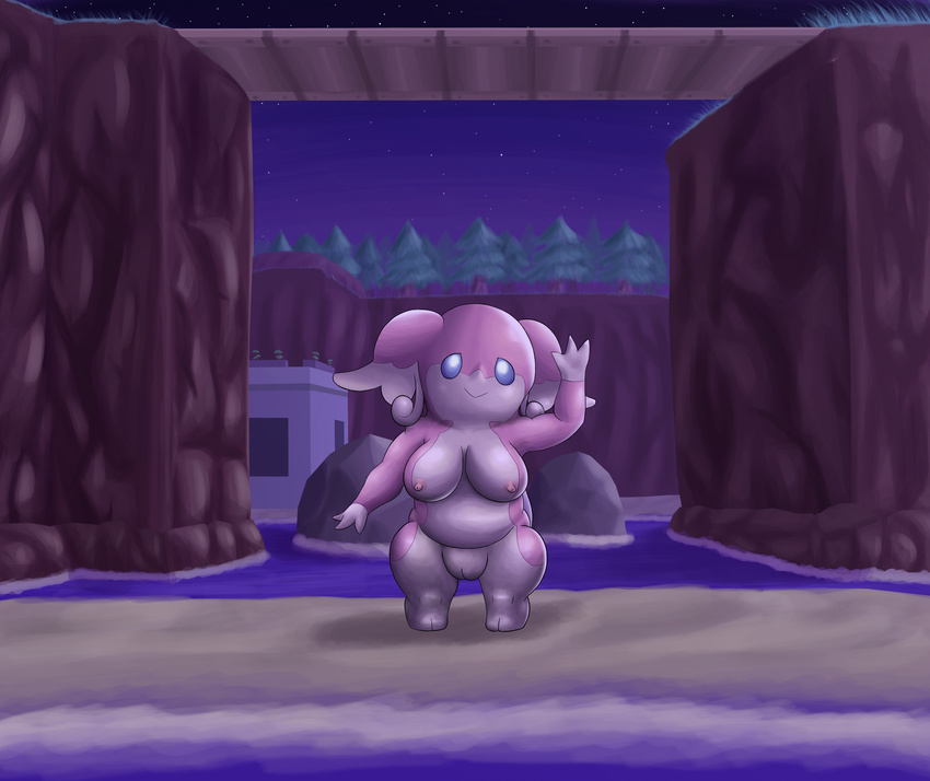 audino big_breasts big_ears big_thighs blue_eyes breasts female hi_res looking_at_viewer night nintendo nude ole outside pok&#233;mon pok&eacute;mon pussy raised_arm smile standing video_games