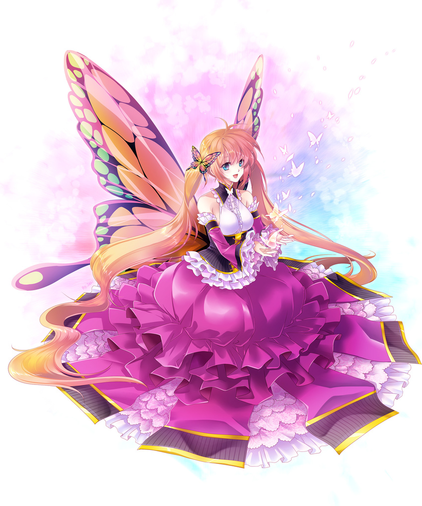 blue_eyes bug butterfly butterfly_hair_ornament butterfly_wings dress hair_ornament happy highres insect long_hair multicolored multicolored_wings orange_hair original sawaki smile solo very_long_hair wings