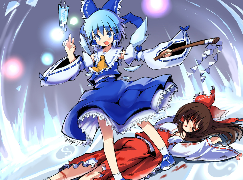 ankle_socks arm_up ascot blood bloody_clothes blue_eyes blue_hair bow brown_eyes brown_hair cirno cosplay detached_sleeves empty_eyes gohei gradient gradient_background hair_bow hair_tubes hakkotsu_shitai hakurei_reimu hakurei_reimu_(cosplay) ice light_particles long_hair looking_at_viewer lying multiple_girls ofuda on_stomach open_mouth outstretched_arm shoes short_hair skirt skirt_set sneakers touhou wings