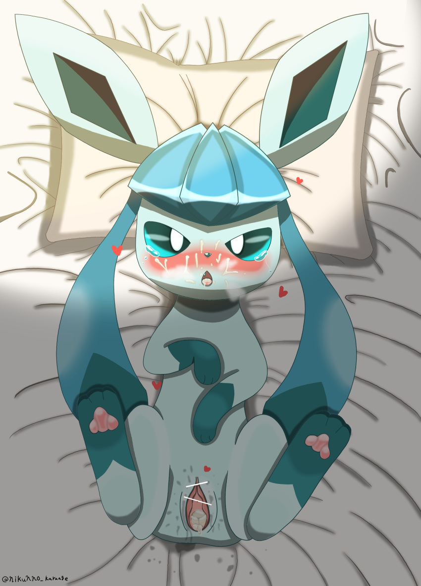 &lt;3 3_toes absurd_res after_sex bedding begging begging_pose blue_eyes blue_fur blue_nose blue_paws blush censor_bar censored cum cum_in_pussy cum_inside cum_on_face cute_fangs eeveelution female feral fur glaceon hi_res huff long_ears looking_at_viewer markings nikunno_karaage nintendo open_mouth pawpads pillow pink_pawpads pok&eacute;mon pok&eacute;mon_(species) pussy pussy_juice socks_(marking) solo spread_legs spread_pussy spreading toes tongue video_games