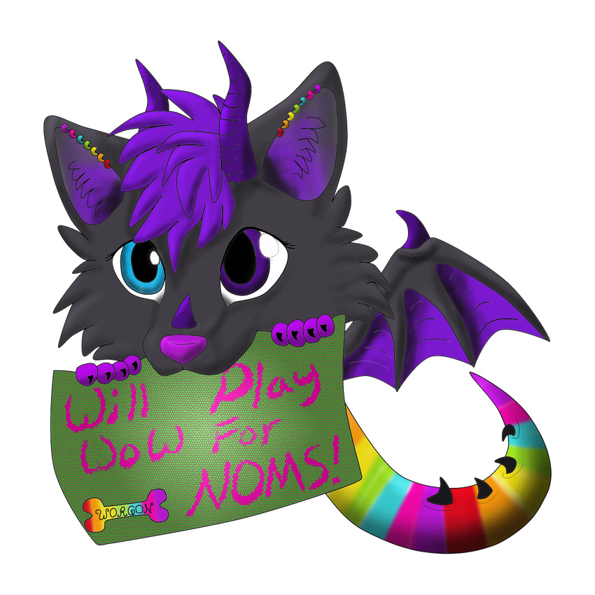 ambiguous_gender black_fur blue_eyes canine chibi dragon ear_piercing fur hair horn mammal multiple_piercings piercing plain_background purple_eyes purple_hair purple_horns purple_nose rainbow sign transparent_background video_games waffles_(artist) waffles_(artist)werewolf warcraft werewolf wings worgen worgon world_of_warcraft