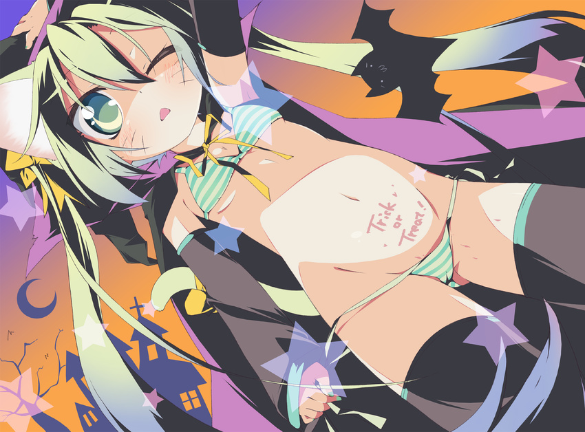 animal_ears arm_up bat cape cat_ears cat_tail detached_sleeves green_eyes green_hair halloween hatsune_miku highres long_hair one_eye_closed solo tail thighhighs torinannkotsukushi twintails vocaloid